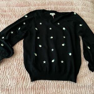 NWT Umgee Black Sweater with Star and Floral Embroidery